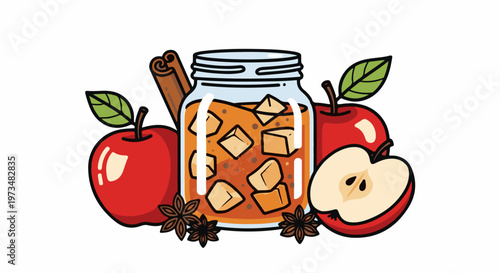 A refreshing apple drink with ice, surrounded by apples, cinnamon, and star anise