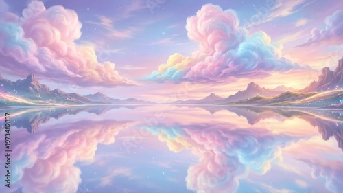 Clouds float above mountains as the sun sets, reflecting on the still water of the lake