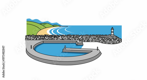 A seaside scene with a harbor, beach, hills, and a lighthouse