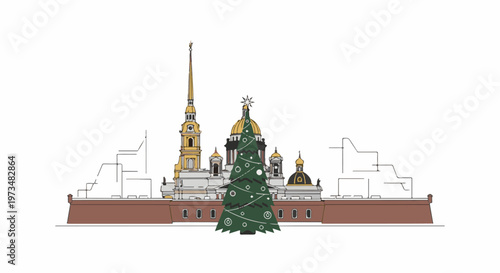 Festive cityscape with grand architecture and a decorated evergreen tree