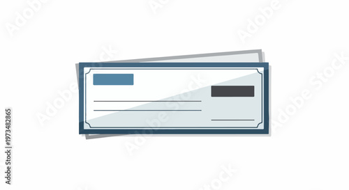 Minimalist graphic of a bank check with blue and gray elements, isolated on white