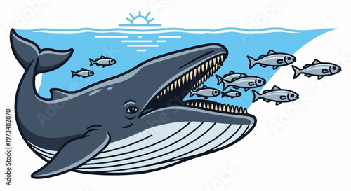 Large whale opens mouth to eat small fish in the ocean under a sun