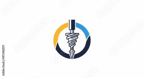 A drill bit graphic with a circular segmented design