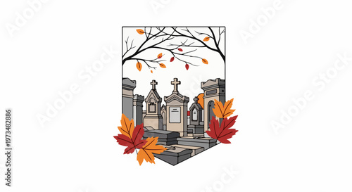 A graveyard scene with tombstones, bare branches, and colorful autumn leaves