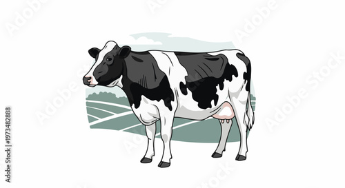 A black and white cow stands in a field with rolling hills under a cloudy sky