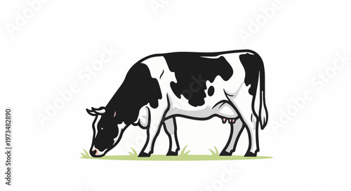 A black and white patterned cow grazes on green grass in a cartoon style