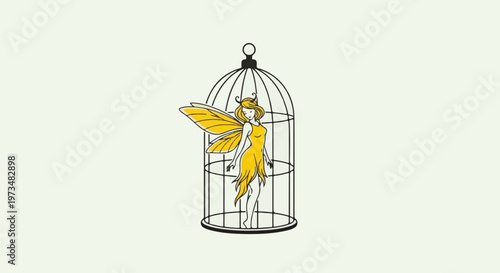 A yellow fairy with butterfly wings trapped inside a birdcage
