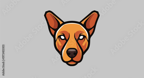 Stylized close-up of an alert dog's face with large pointed ears, white eyes, and a dark nose against a neutral gray background