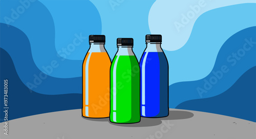 Three bottles filled with brightly colored liquids stand on a gray surface against a blue wavy backdrop