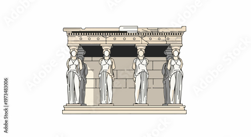 Ancient structure with statues supporting a roof, depicting classical architecture