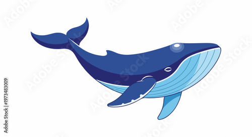 A stylized, blue whale with white markings swims gracefully, its tail lifted