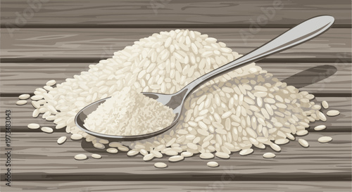 Pile of white uncooked rice grains on a dark wooden table with a silver spoon