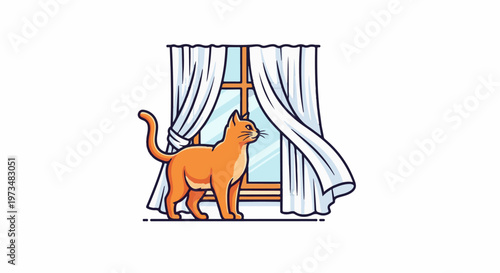 A curious orange cat stands by a window with flowing white curtains, looking outside