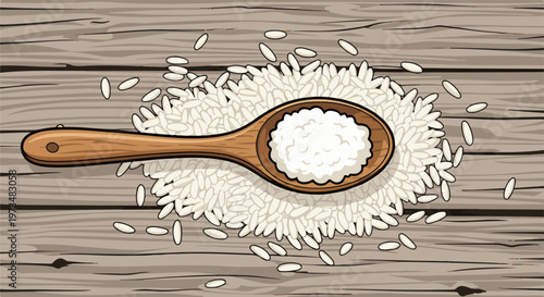 Wooden spoon holds pile of white grains on rustic plank surface with scattered seeds