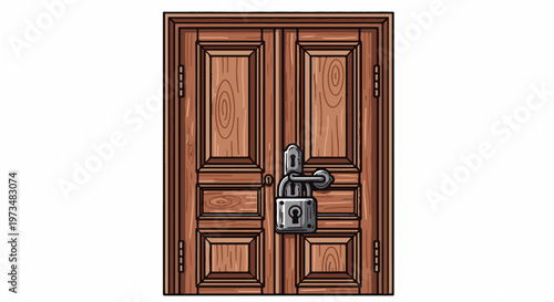 Double wooden doors are locked with a vintage padlock and handle