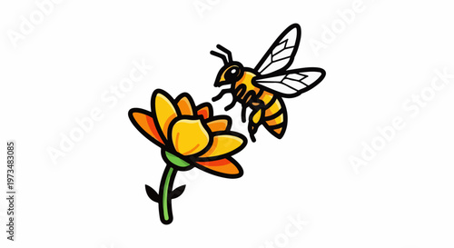 A cartoon bee hovers near a vibrant orange and yellow flower with a green stem on a white background