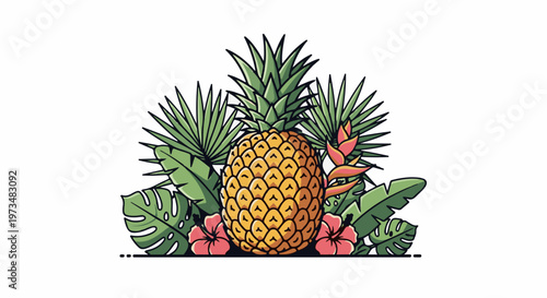 A tropical arrangement featuring a prominent pineapple surrounded by lush green foliage and vibrant flowers