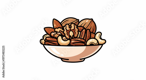 A light pink bowl overflowing with a variety of toasted nuts, including almonds, walnuts, pecans, and cashews