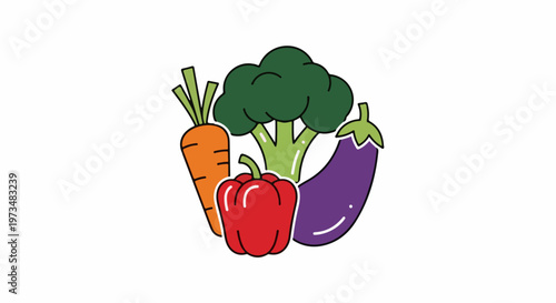 A simple cartoon illustration of a carrot, broccoli, red bell pepper, and eggplant