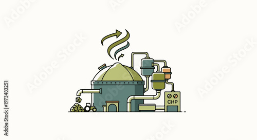 Stylized illustration of an industrial bio-digester converting waste into energy