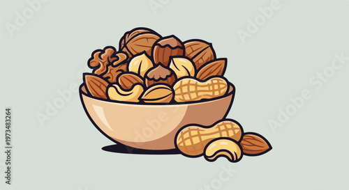 A colorful illustration of a bowl filled with various nuts and seeds