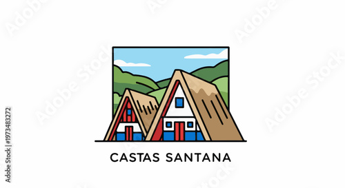 Charming triangular houses with thatched roofs stand in a green, hilly landscape under a blue sky