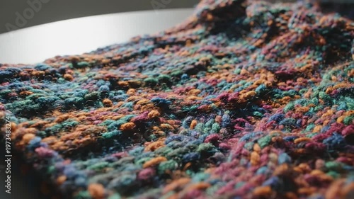 Closeup of a colorful knitted scarf in a textured stitch, displaying beautiful color variegation in natural light