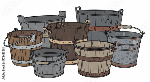 A collection of rustic wooden and metal buckets, some aged and weathered