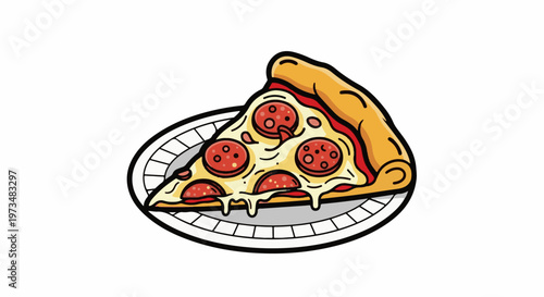 A cartoon slice of pepperoni pizza with melted cheese sits on a plate