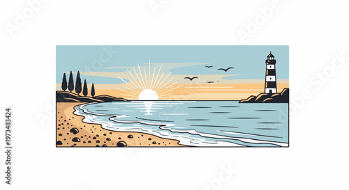 Scenic beach sunrise with a lighthouse and cypress trees standing tall