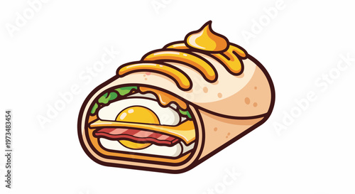 Whimsical breakfast wrap with fried egg, bacon, lettuce, and cheese, drizzled with sauce