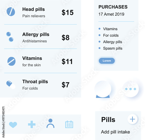 Medication purchase summary including pills and vitamins with prices and purchase history