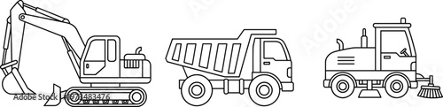Heavy construction machinery line art set featuring excavator dump truck and street sweeper vehicle for coloring book and industry vector.