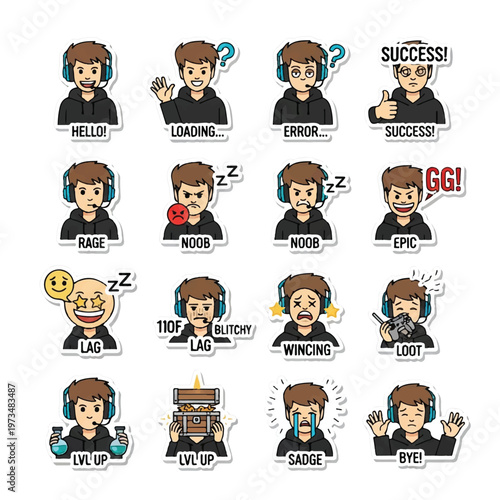Cartoon gamer boy with emotes.