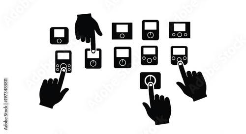Hands interacting with mobile devices.