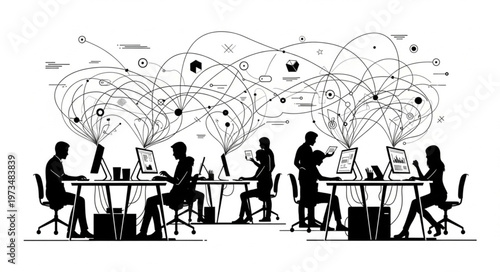 Silhouetted office team collaborating around digital network.