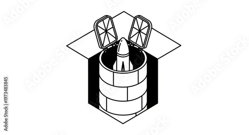 Small rocket standing inside cylindrical brick silo.