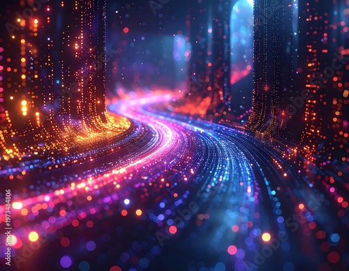 Swirling path of vibrant orange, pink, and blue light in a dark, textured, abstract landscape