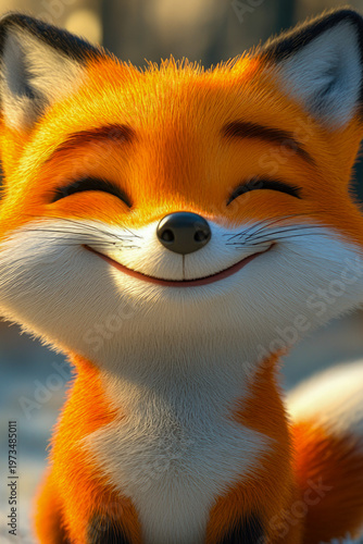 A smiling fox looking directly at the camera, captured in a close-up shot vertical frame