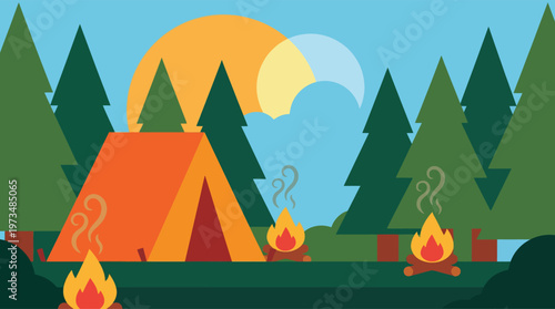 Camping in a serene forest landscape.