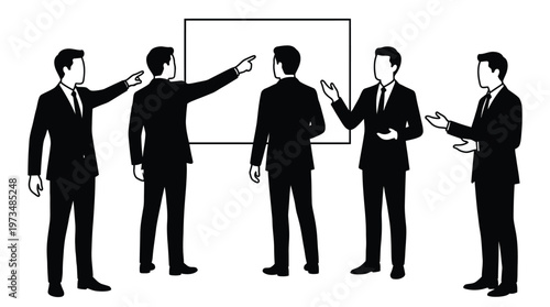Businessmen in discussion around a presentation board.