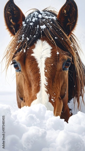A close-up portrait of a horse, its face half-covered in snow. The animal's eyes gaze forward, amidst white flakes