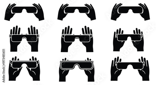 Black virtual reality goggles icons.