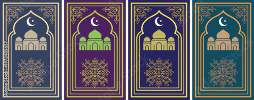 Collection of traditional decorative Islamic, muslim, arabic, prayer mats & rug in vibrant colors