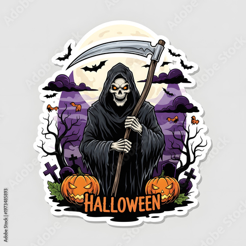 A grim reaper stands in a spooky graveyard with pumpkins and bats on a Halloween night