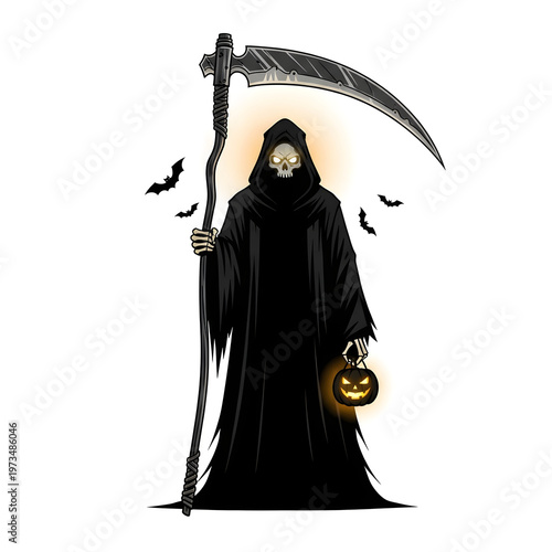 A grim reaper holds a scythe and pumpkin standing eerie afdlkdlkdl.