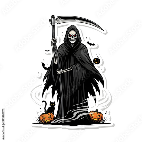 A grim reaper stands ominously with a scythe surrounded by a black cat, pumpkins, and bats on a spooky night.