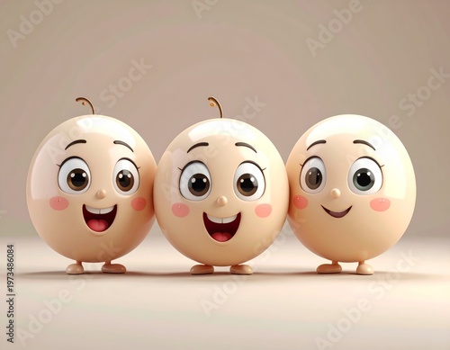 Three smiley characters stand together in a light setting with simple expressions and round shapes showing joy and friendliness