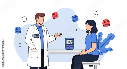 Doctor consulting patient about blood sugar levels with glucometer and virus icons