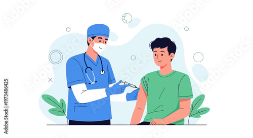 Doctor giving vaccination to young man, healthcare concept, medical injection, immunization